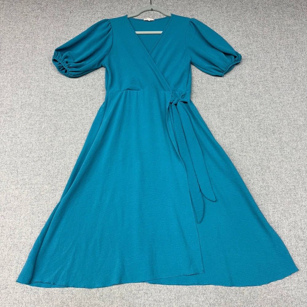 See You Monday Faux Wrap Dress Medium Teal Blue Puff Sleeve V-Neck Midi Tie Wais